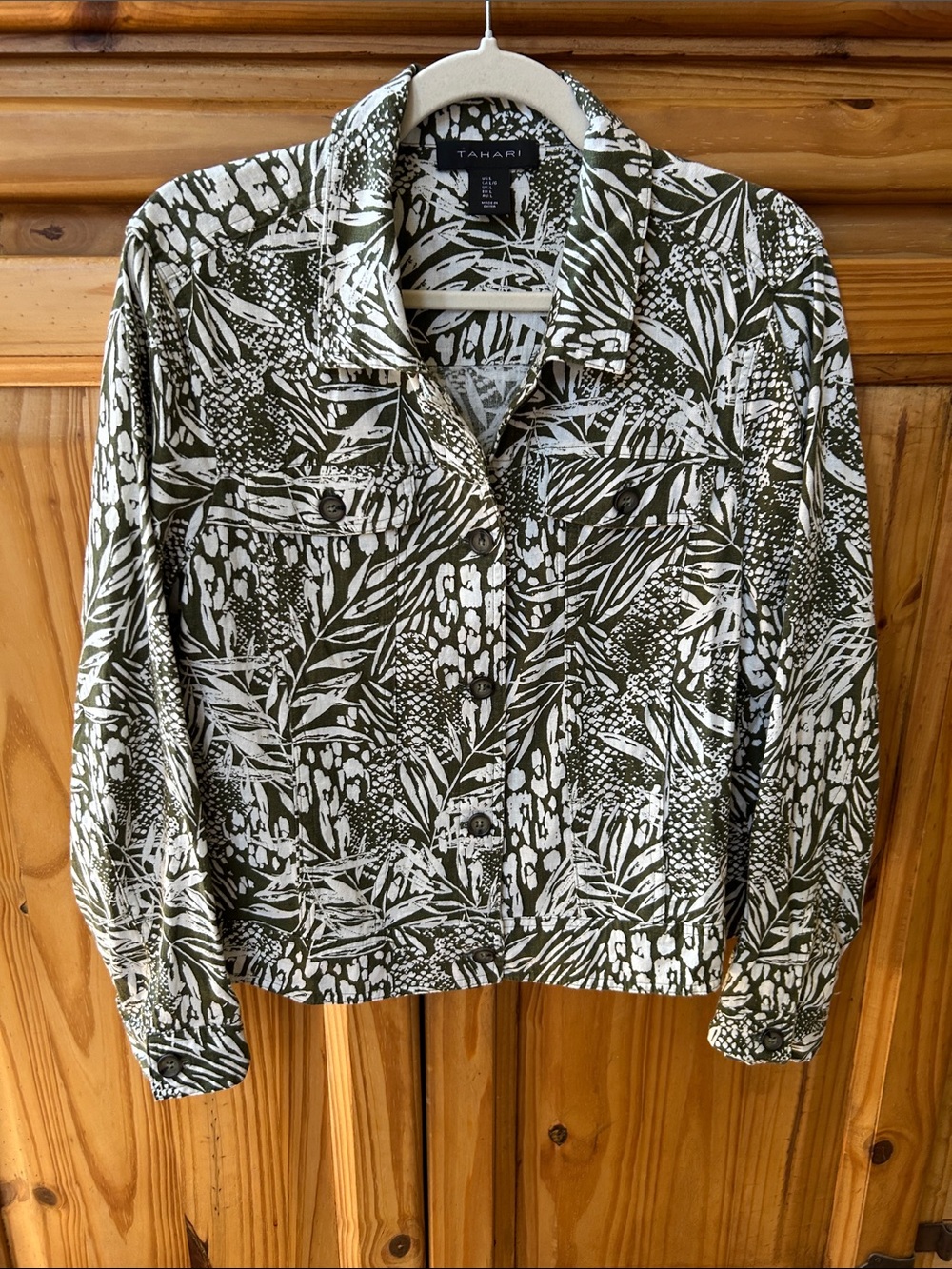Tahari Olive & White Botanical Print Button-Front Jacket Linen/Viscose Blend